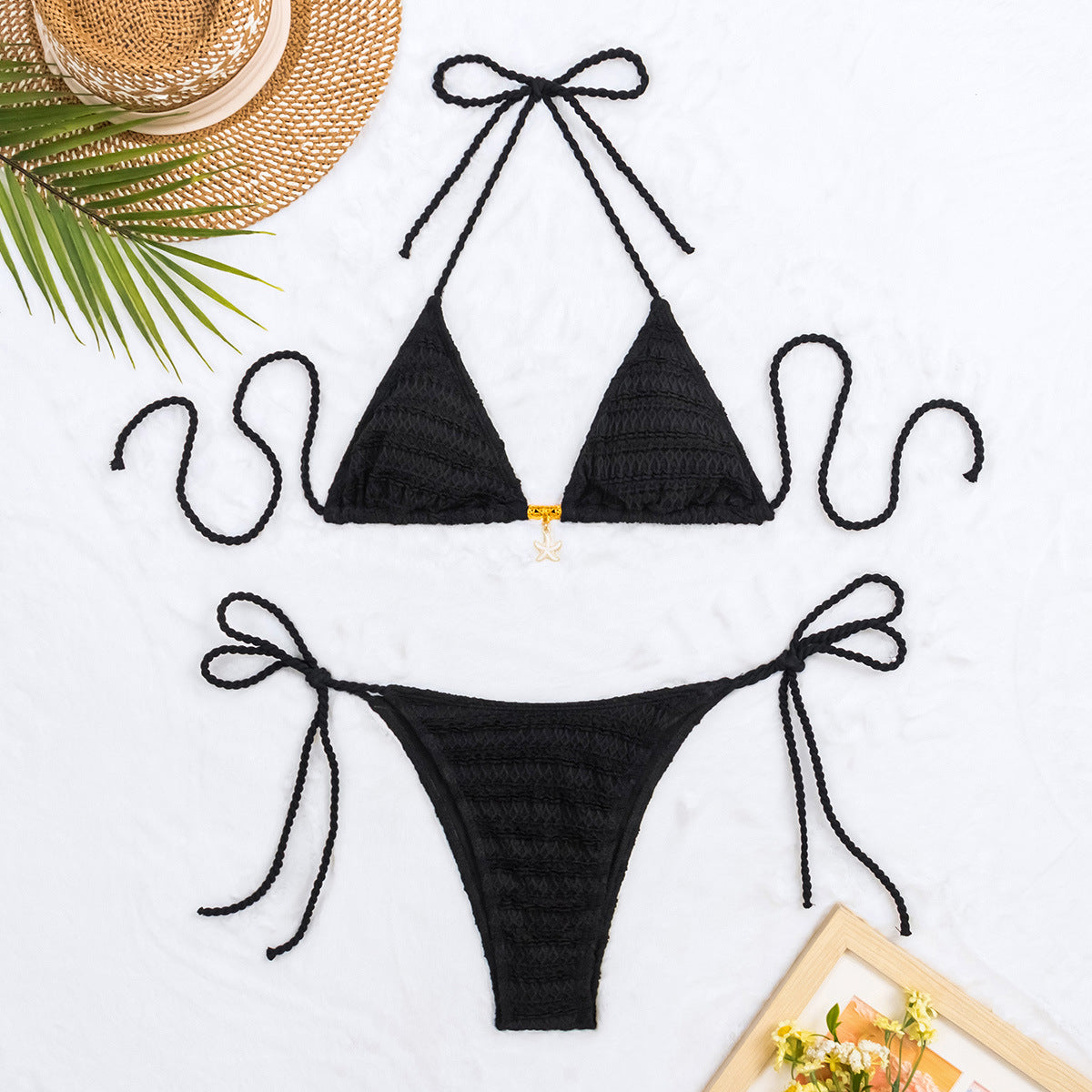 2025 New Bikini European and American Cross-Border Starfish Pendant Triangle Cup Sexy Split System Strap Bikini Swimsuit for Women