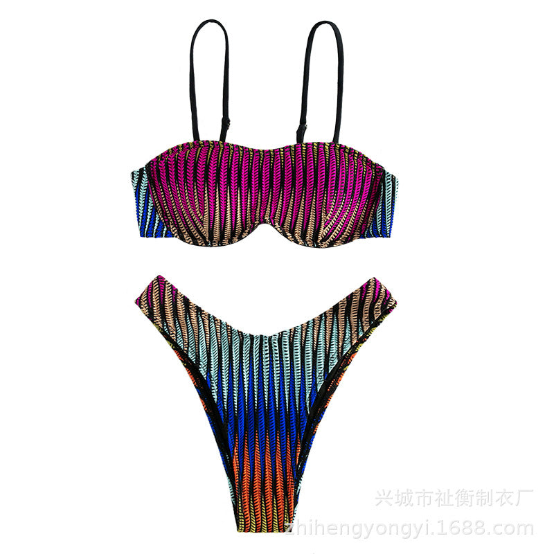 Zhiheng 25688 European and American bikini corrugated sexy bikini split swimsuit steel support foreign trade swimwear wholesale