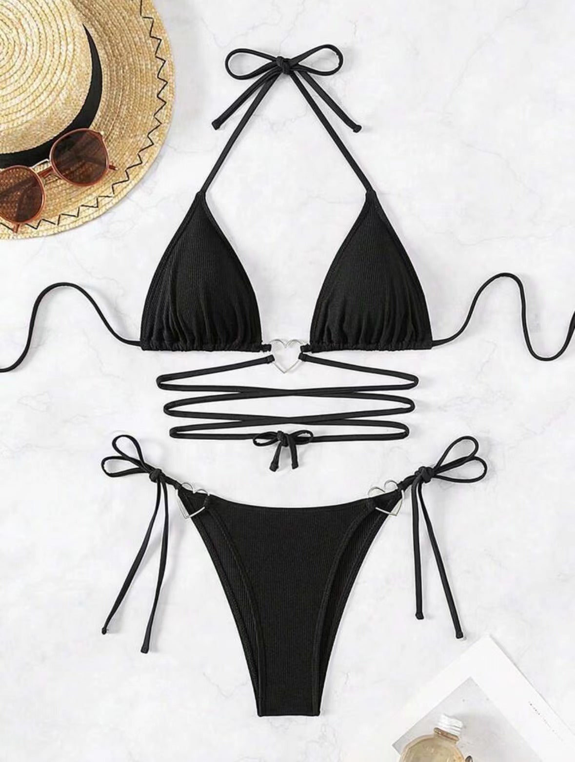 European and American New Style Split Sexy Bikini Bikini Swimsuit Swimwear Women's Solid Color Tape Love Two-piece Cross-border Set