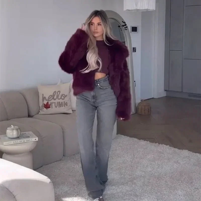 Burgundy Vintage Faux Fur Coat