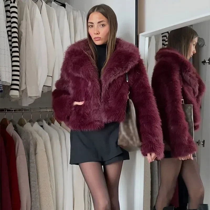 Burgundy Vintage Faux Fur Coat