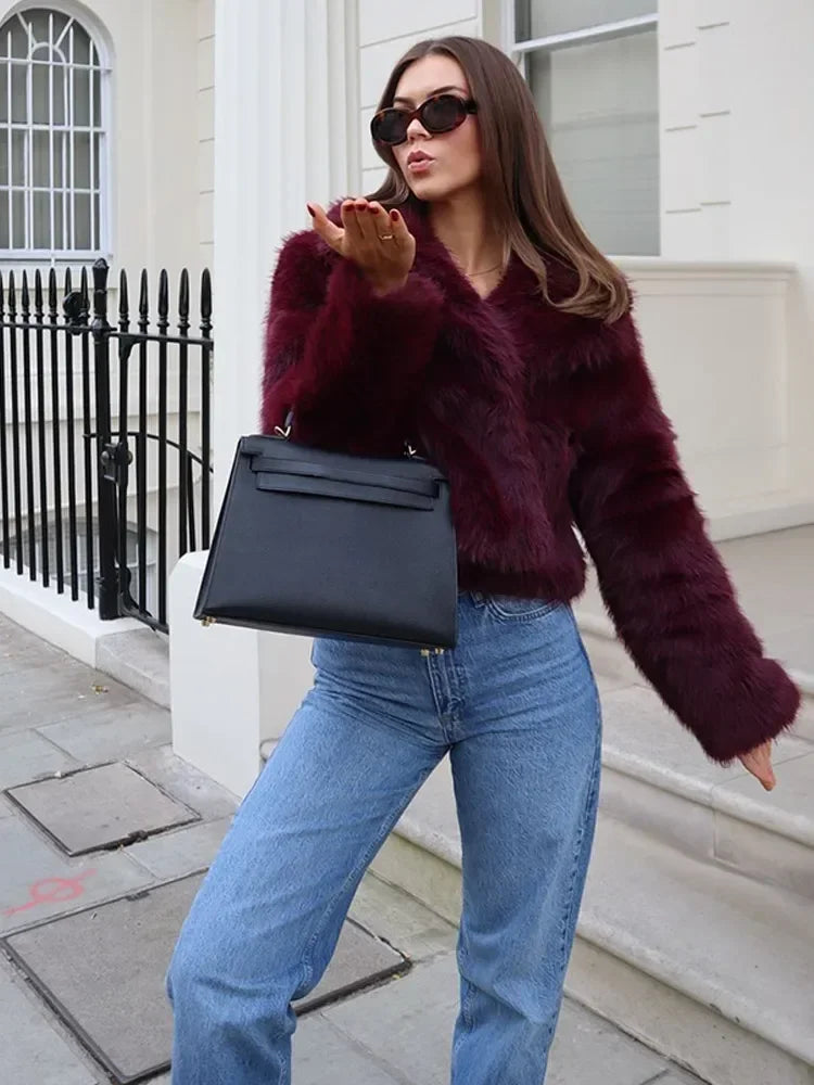 Burgundy Vintage Faux Fur Coat