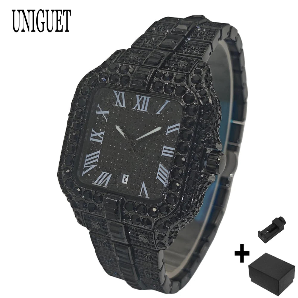 Hot Fashion Full Diamond Watch Men UNIGUET Brand Hip Hop Iced Out Bling Jewelry Square Quartz Wristwatch For Man Dropshipping