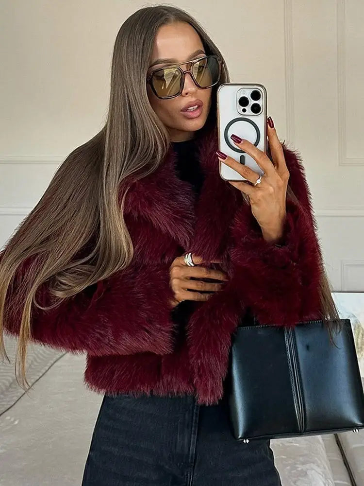 Burgundy Vintage Faux Fur Coat
