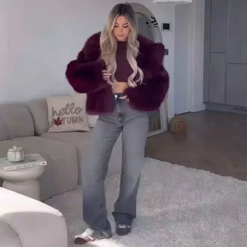 Burgundy Vintage Faux Fur Coat