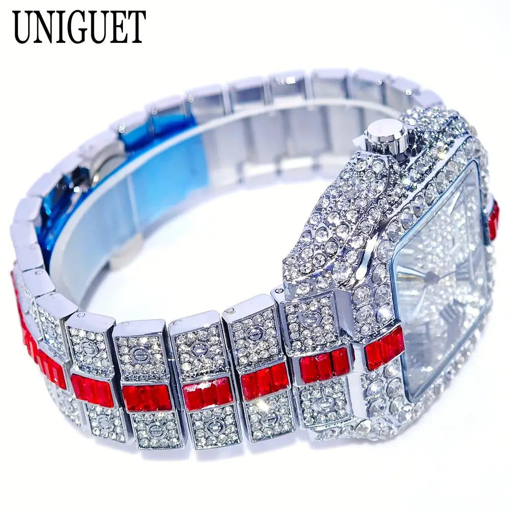 Hot Fashion Full Diamond Watch Men UNIGUET Brand Hip Hop Iced Out Bling Jewelry Square Quartz Wristwatch For Man Dropshipping